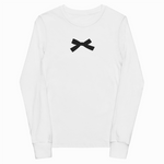White sweatshirt with a black logo on a white background