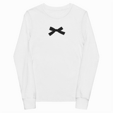White sweatshirt with a black logo on a white background