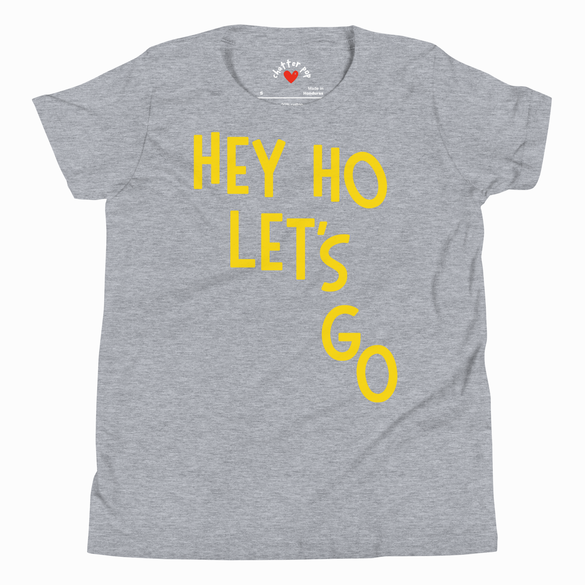 Gray t-shirt with yellow text 'HEY HO LET'S GO' on a white background