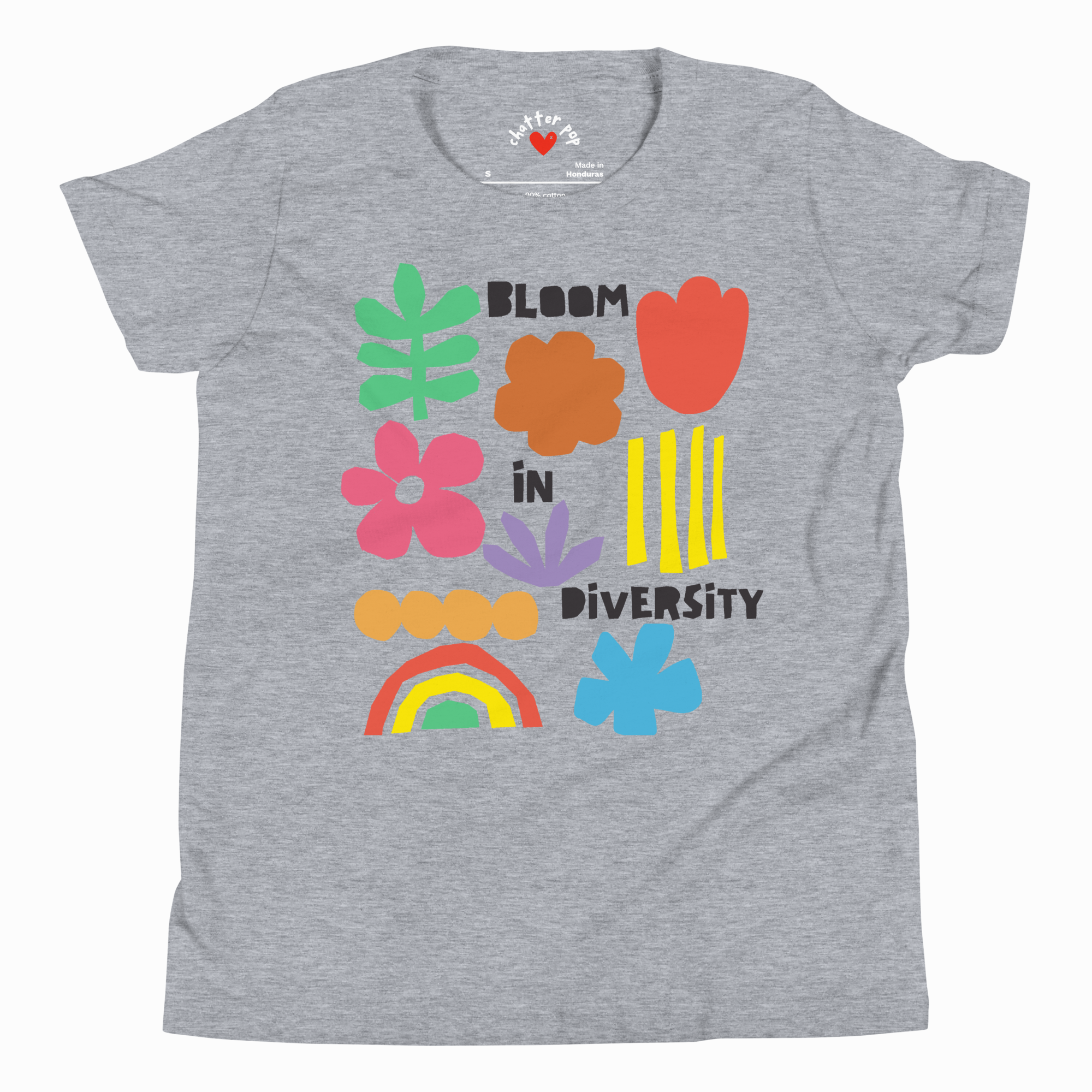 Athletic heather gray youth T-shirt with colorful "Bloom in Diversity" graphic featuring flowers, a leaf, a rainbow, and abstract shapes; Chatter Pop label at collar.