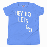 Blue t-shirt with 'HEY HO LET'S GO' text on a white background