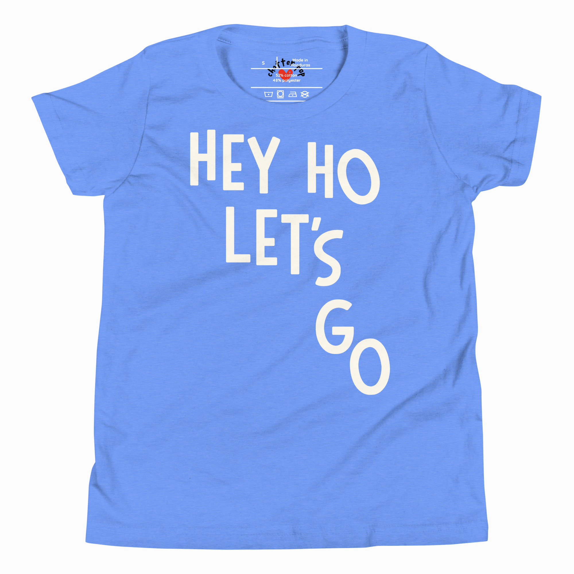 Blue t-shirt with 'HEY HO LET'S GO' text on a white background