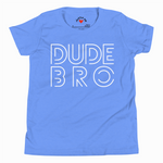 Blue t-shirt with 'DUDE BRO' text on a white background