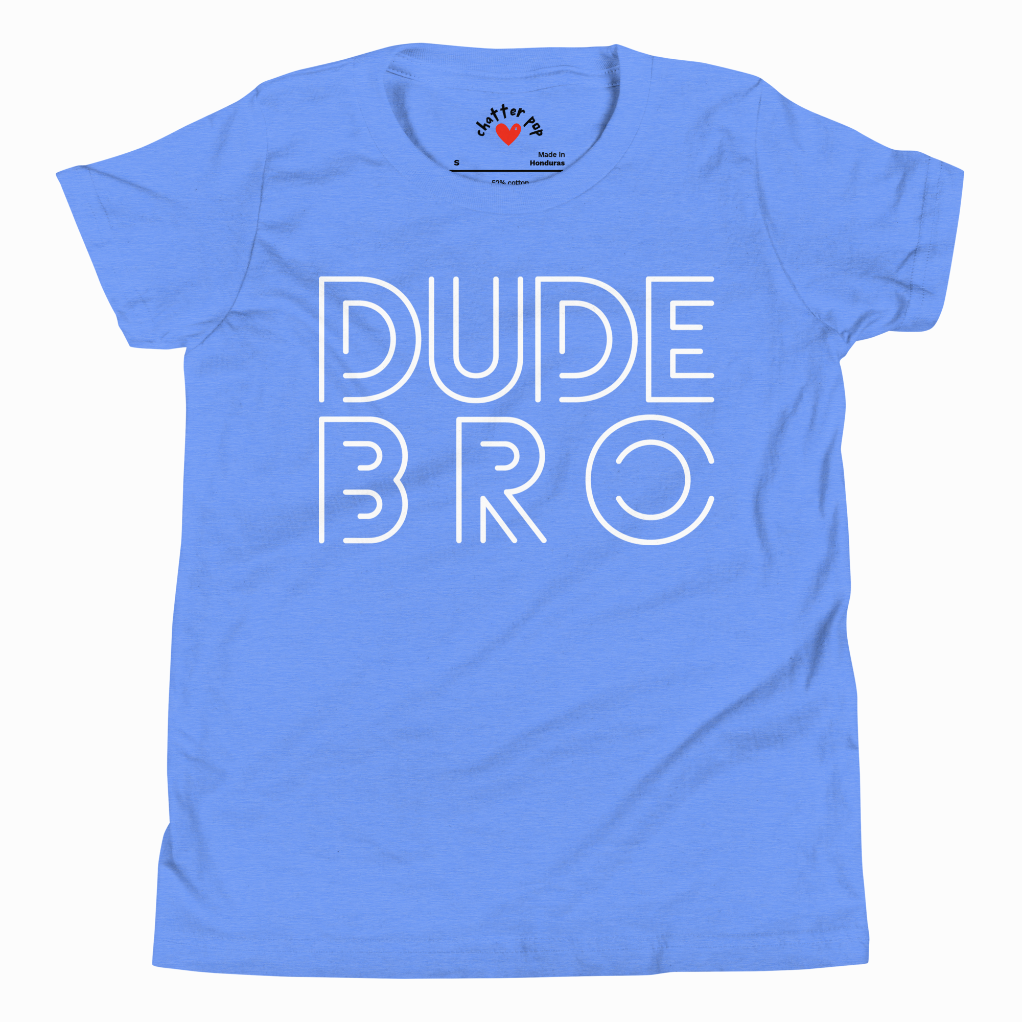 Blue t-shirt with 'DUDE BRO' text on a white background