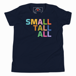 Navy blue t-shirt with colorful 'Small Tall All' text on a white background