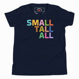 Navy blue t-shirt with colorful 'Small Tall All' text on a white background