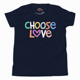 Navy blue t-shirt with 'CHOOSE LOVE' text in colorful letters on a white background