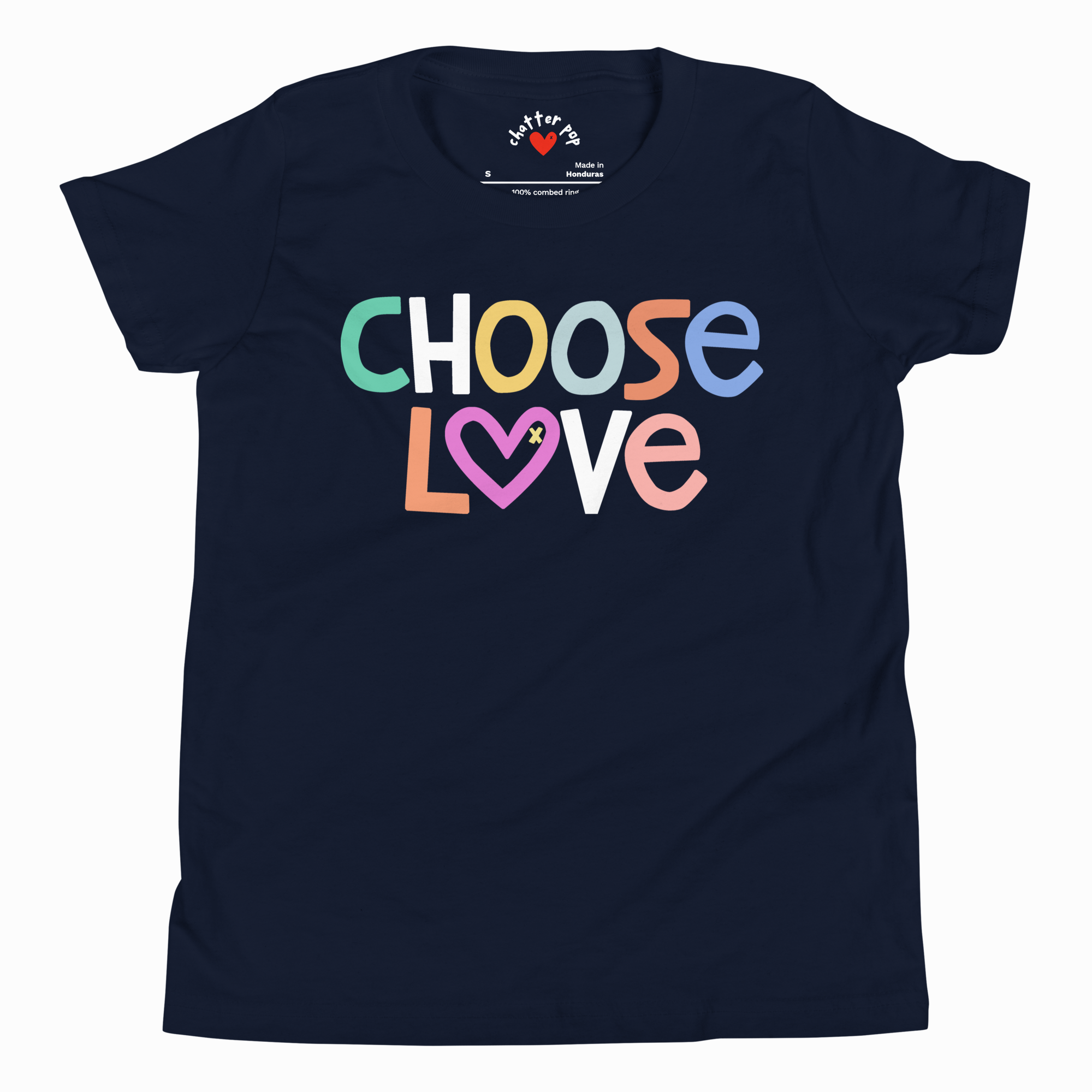 Navy blue t-shirt with 'CHOOSE LOVE' text in colorful letters on a white background