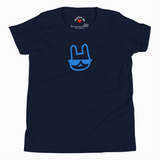 Navy blue t-shirt with a blue graphic design on a white background