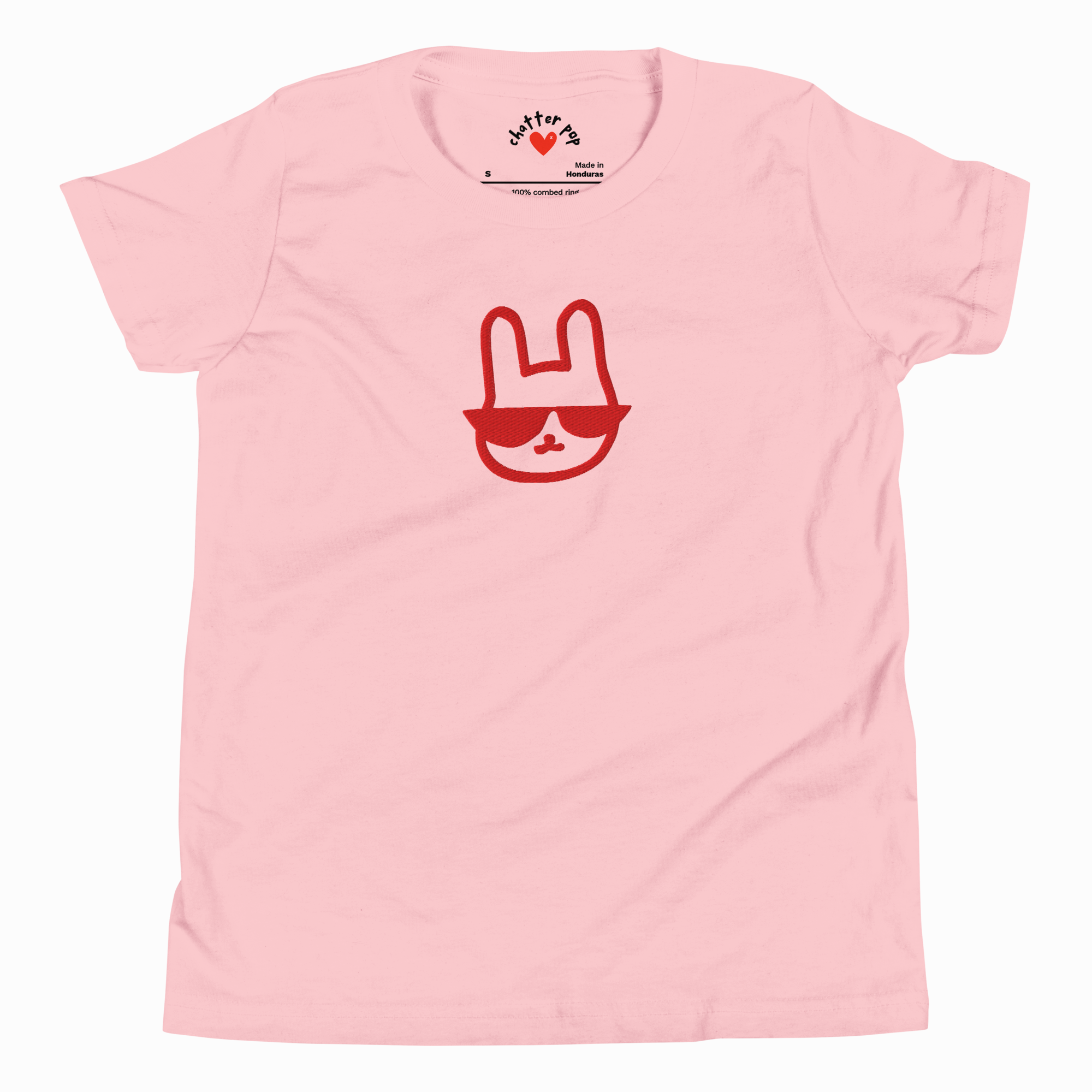 Pink t-shirt with a red graphic of a cat wearing sunglasses on a white background