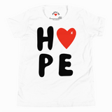 White t-shirt with 'HOPE' text and red heart design on a white background