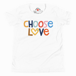 White t-shirt with 'CHOOSE LOVE' text in colorful letters on a white background