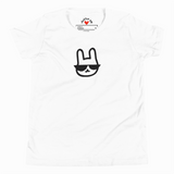 White t-shirt with a black graphic of a cat wearing sunglasses on a white background