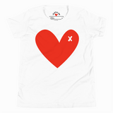 White t-shirt with a red heart and 'X' on a white background
