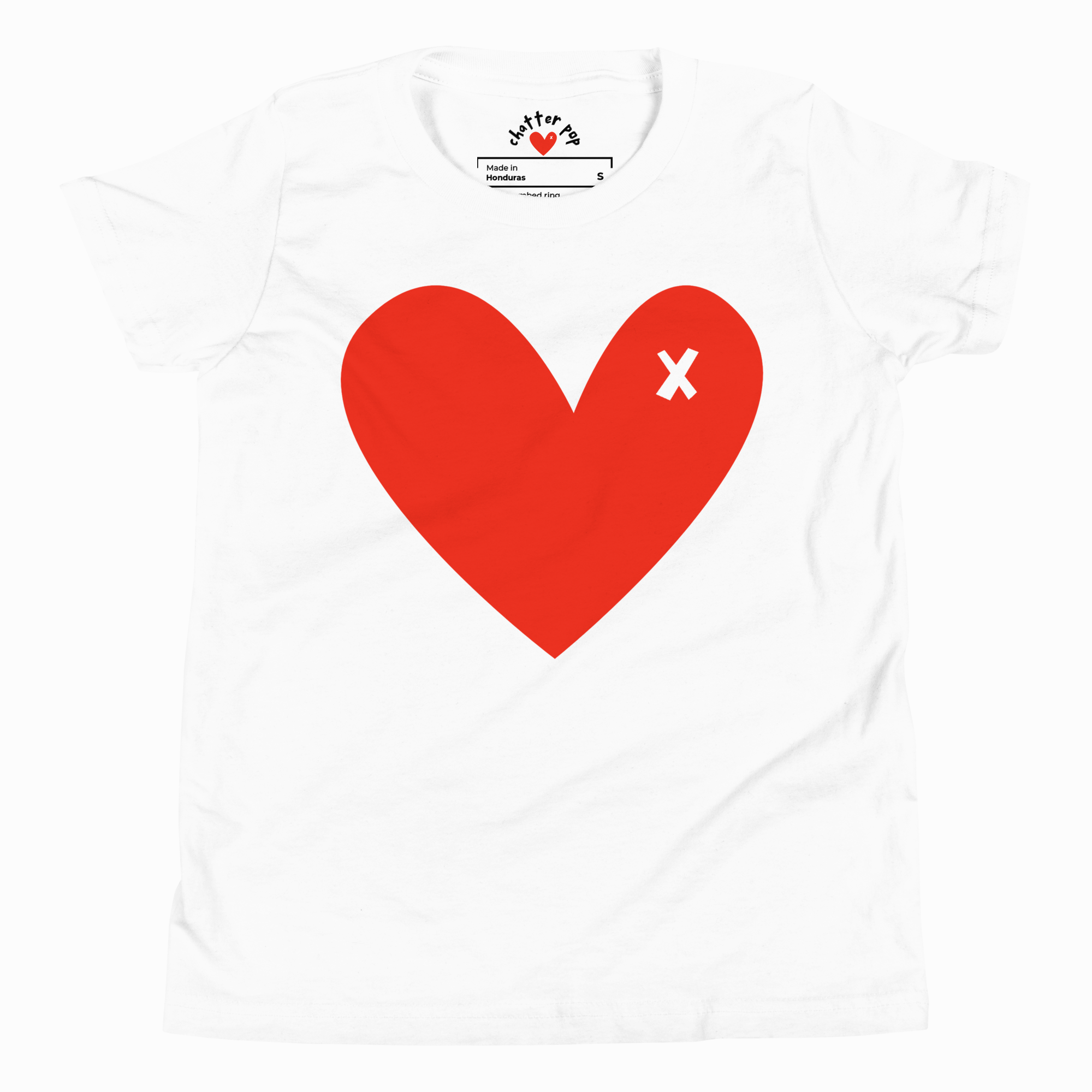 White t-shirt with a red heart and 'X' on a white background