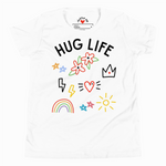 White t-shirt with 'Hug Life' text and colorful graphics on a white background