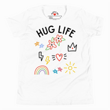 White t-shirt with 'Hug Life' text and colorful graphics on a white background