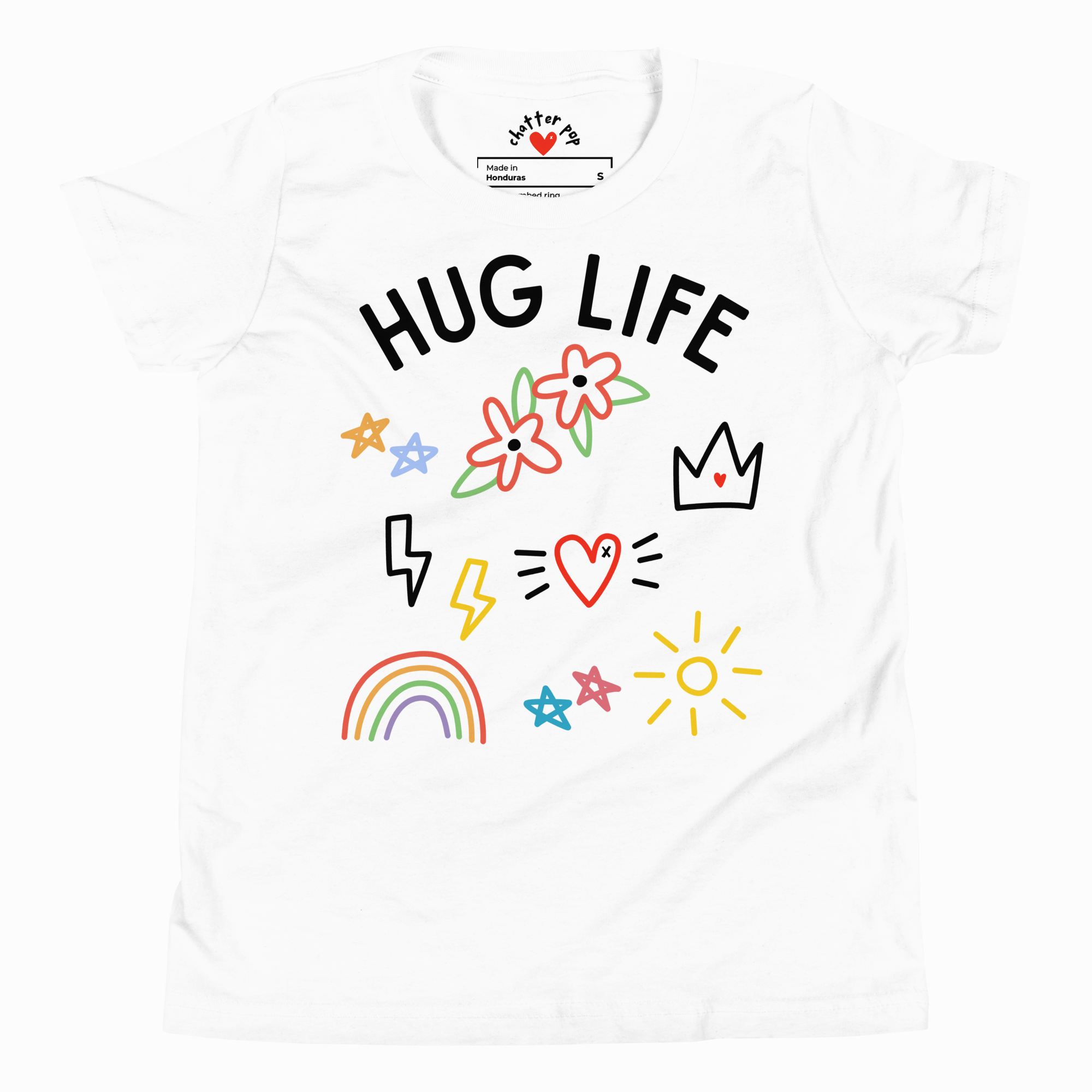 White t-shirt with 'Hug Life' text and colorful graphics on a white background
