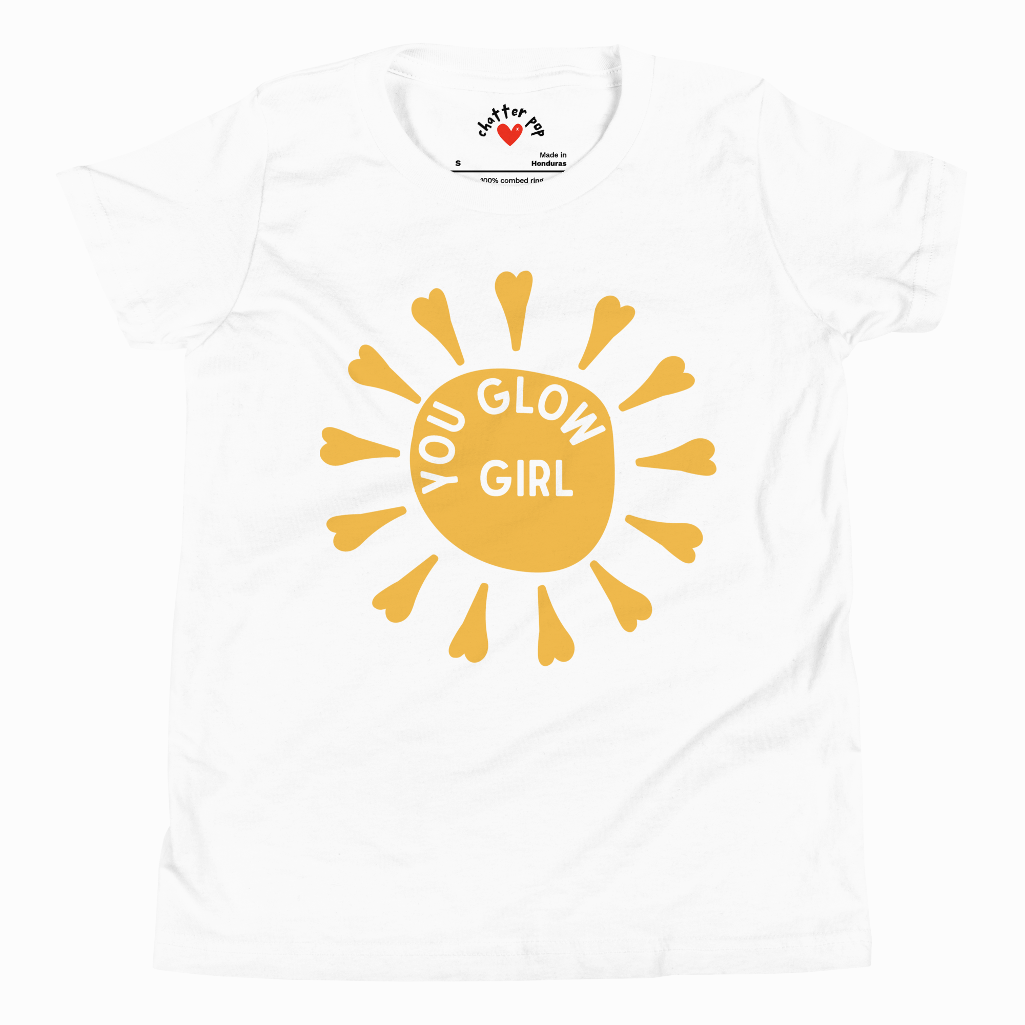 White t-shirt with yellow sun design and 'Glow Girl' text on a white background