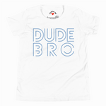 White t-shirt with 'DUDE BRO' text in blue on a white background