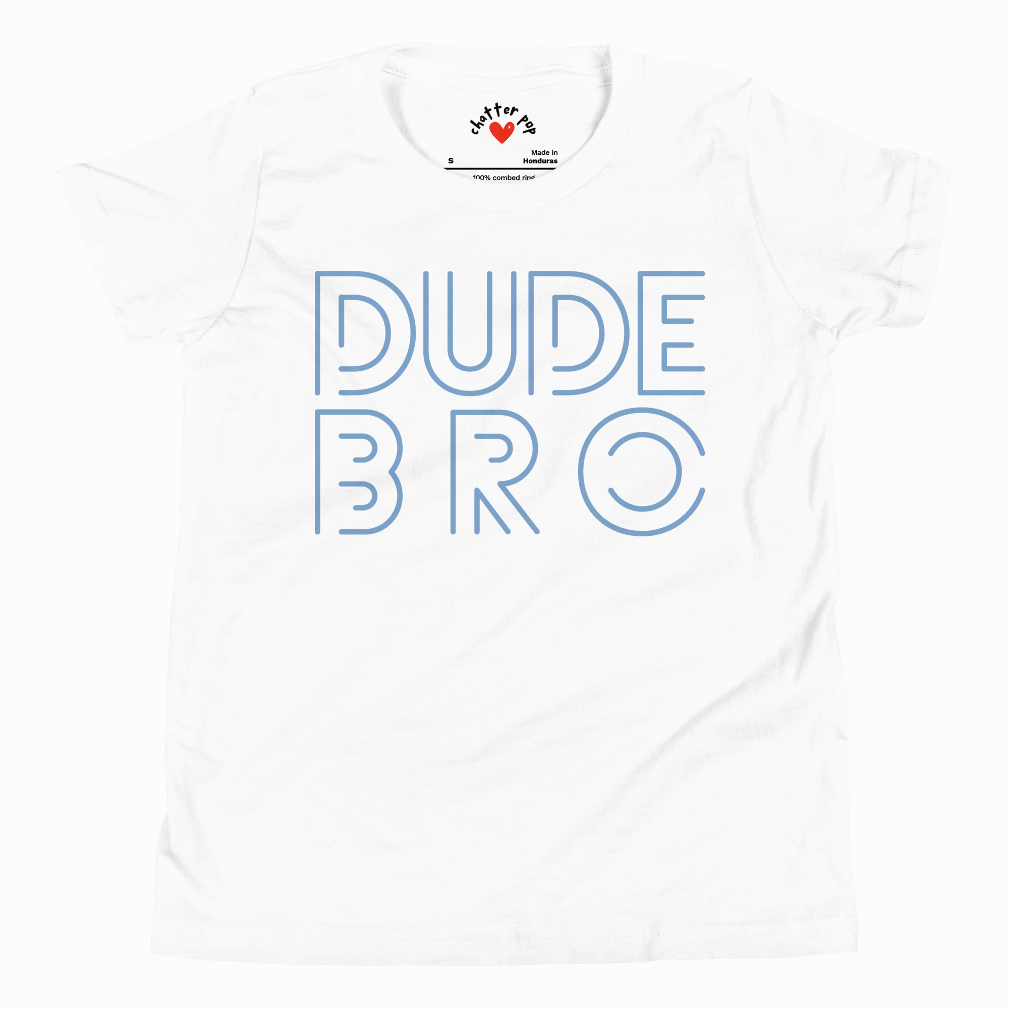 White t-shirt with 'DUDE BRO' text in blue on a white background