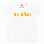 White t-shirt with 'BE KIND' text in yellow on a white background