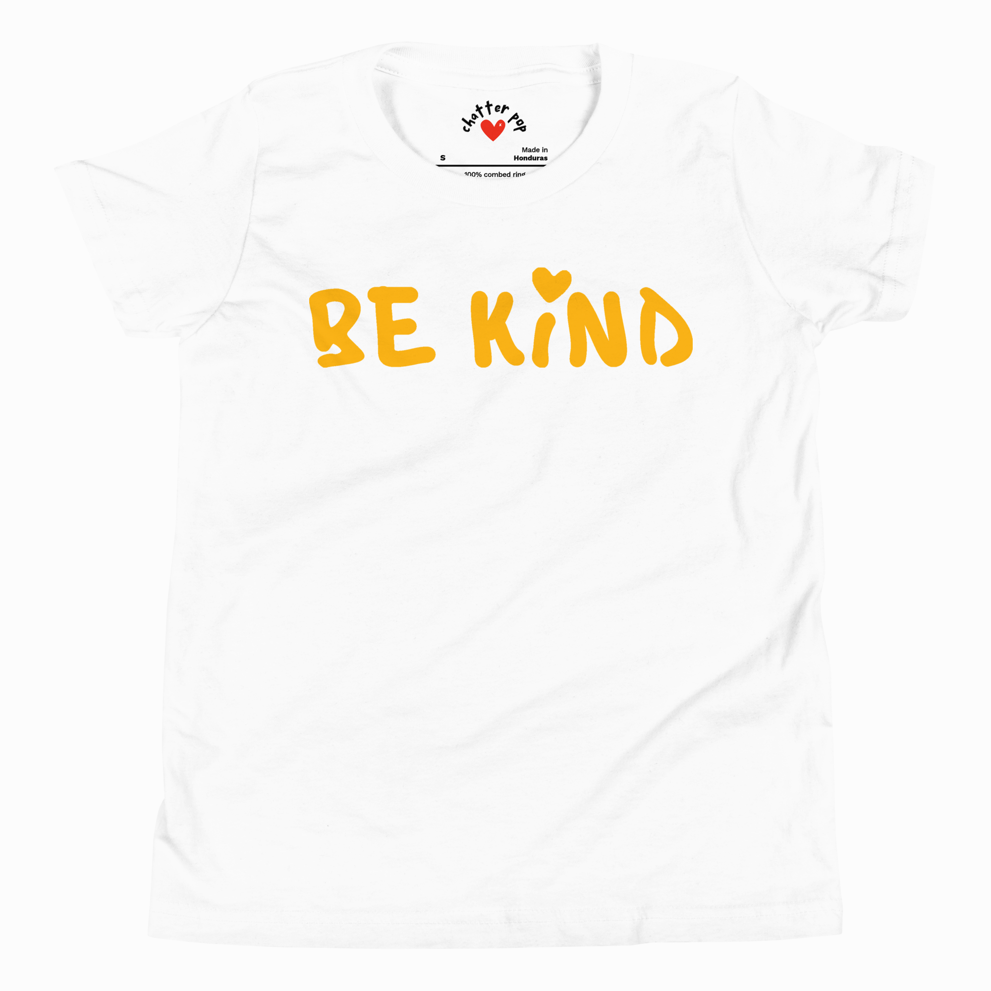 White t-shirt with 'BE KIND' text in yellow on a white background