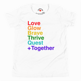 White t-shirt with motivational text in rainbow colors on a white background