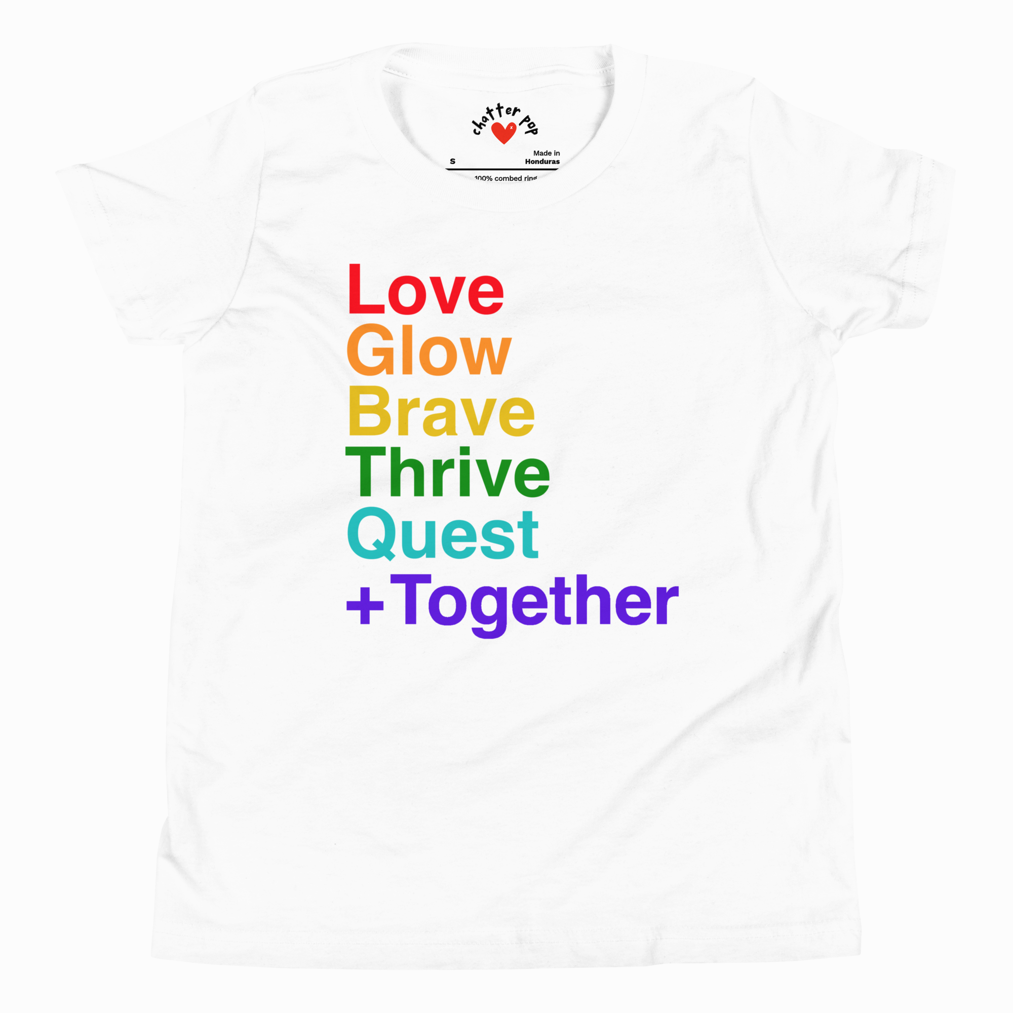 White t-shirt with motivational text in rainbow colors on a white background